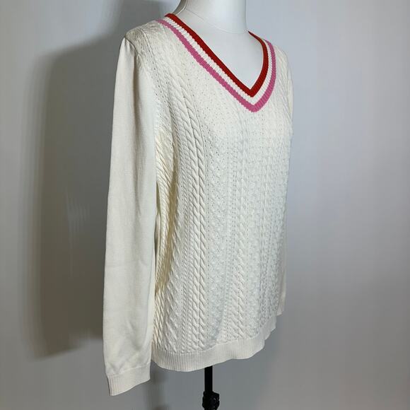 Talbots Ivory Pink Red Cable Knit Pointelle V-Neck Sweater Womens Size Small S - Picture 2 of 10